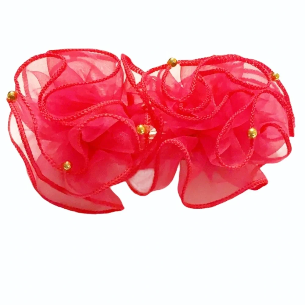 Girl’s handmade pink mesh gold beaded hair bow